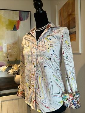 Robert Graham White Button-Down Shirt with Multicolor Swirl Print